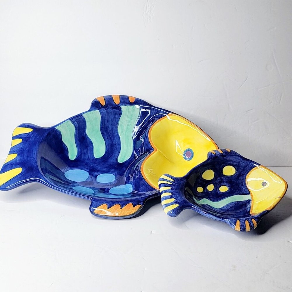 Vintage 1998 Lotus Ceramic Fish Chip and Dip Serving Bowls Blue and Yellow